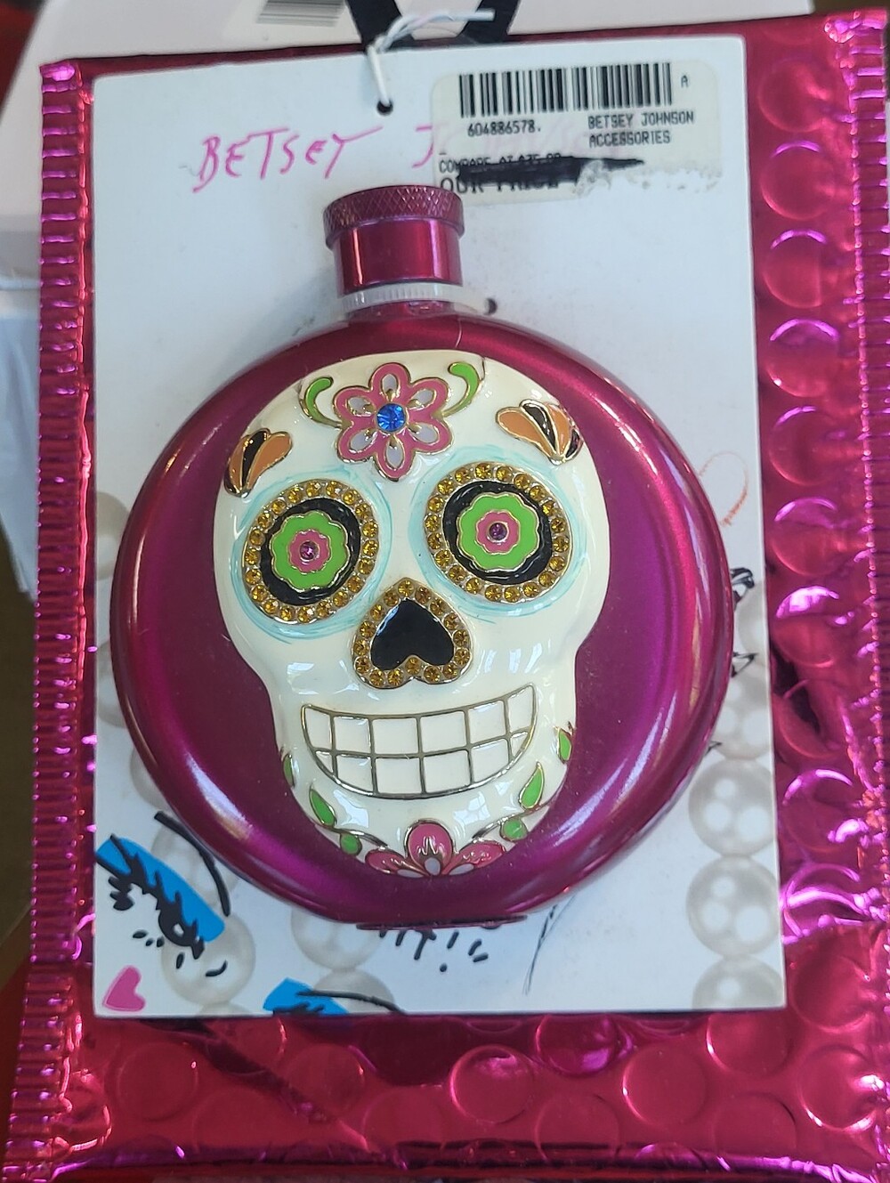 Betsey Johnson Magenta Sugar Skull Flask Accent